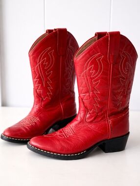 Old West ♥︎ Red Leather Cowboy Boots Youth 3 Western Embroidered